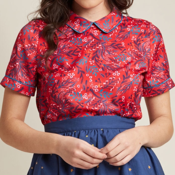 Modcloth Tops - ModCloth Red Short Sleeve Blouse Trimmed Collar 2X
